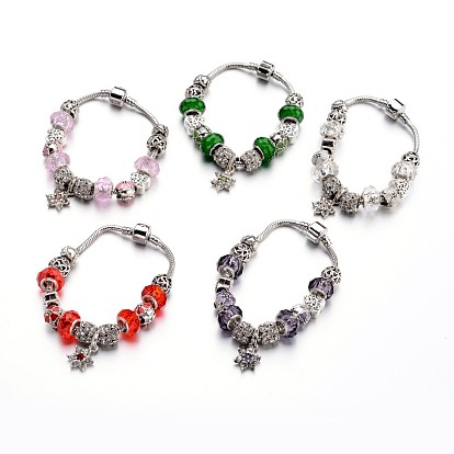 Fashion Brass European Bracelets, with Glass Beads and Alloy Rhinestone Beads, 190x3mm