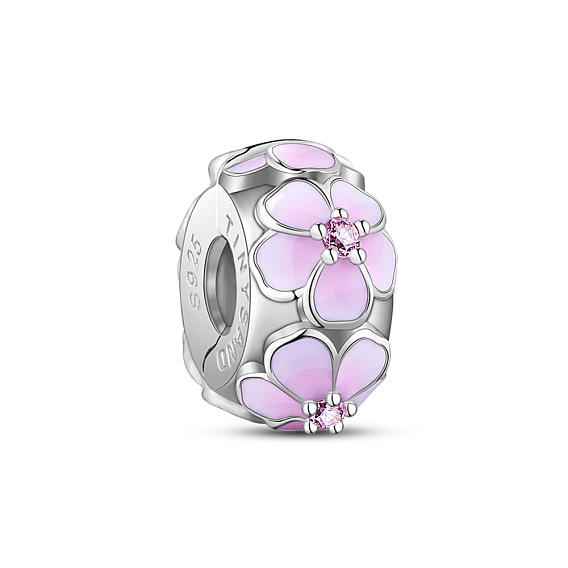 TINYSAND 925 Sterling Silver Enamel European Bead, Large Hole Beads, with Cubic Zirconia, Rondelle with Peach Blossom, with 925 Stamp