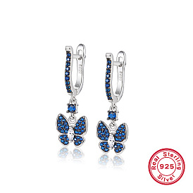 Butterfly Rhodium Plated 925 Sterling Silver Mirco Pave Cubic Zirconia Dangle Hoop Earrings, with S925 Stamp