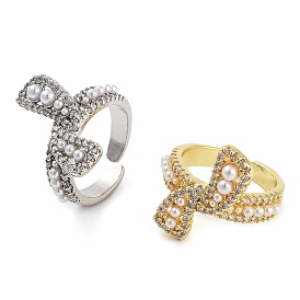 Rack Plating Brass Micro Pave Cubic Zirconia Bowknot Open Cuff Rings for Women, with Plastic Imitation Pearl, Long-Lasting Plated, Cadmium Free & Lead Free