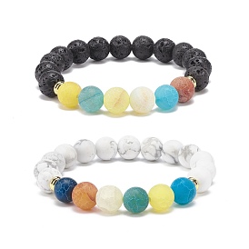 2Pcs 2 Style Natural Weathered Agate(Dyed) & Lava Rock & Synthetic Howlite Round Beaded Stretch Bracelets Set, Essential Oil Gemstone Jewelry for Women