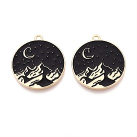 Подвески из экологически чистого сплава с эмалью, без кадмия и без свинца и без никеля, плоский круглый с горой и луной, золотой свет