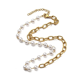 Ion Plating(IP) 304 Stainless Steel Paperclip & Plastic Pearl Beaded Chain Necklaces
