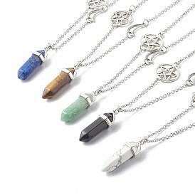 Bullet Faceted Natural Mixed Gemstone Pendant Necklace, with 304 Stainless Steel  Star & Moon Link and Chain