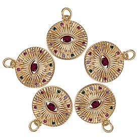5Pcs Brass Micro Colorful Pave Cubic Zirconia Pendants, Flat Round with Eye