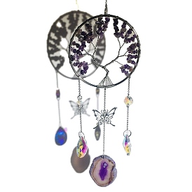 Проволочная обертка из натуральных драгоценных камней подвесные украшения из дерева жизни, Ловушки солнца из натурального агата и стеклянных кисточек для украшения сада на открытом воздухе