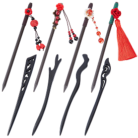 8Pcs 8 Style Wood Hair Stick, with Brass Finding, Lampwork Beads and Resin Beads