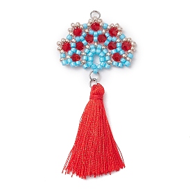 Handmade Glass Seeds Fan Big Pendants, with Jump Ring and Polyester Tassel