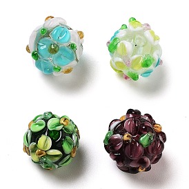 Handmade Lampwork Beads Strands, Bumpy, Round with Flower