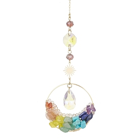 Chakra Gemstone Chips Pendant Decoration, Hanging Suncatchers, with Brass Sun Link and Glass Teardrop Charm, for Home Decoration