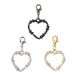 3Pcs Heart Alloy Pendant Decorations, with Alloy Lobster Claw Clasps