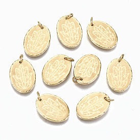 Pendentifs en acier inoxydable, avec des anneaux de saut, ovale avec hamsa main / main de fatima / main de miriam