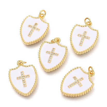 Латунные микропаве прозрачные подвески с фианитом, долговечный, с прыжковыми кольцами и эмалью, реальный 18 k позолоченный, щит с крестом