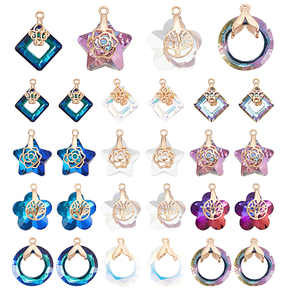24Pcs 12 Style Electroplate Glass Pendants, with Light Gold Plated Brass Ice Pick Pinch Bails, Faceted, Mixed Shapes