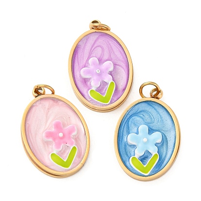 304 нержавеющей стальной эмали подвески, с соединительным кольцом и стразами, ионное покрытие (ip), овал с цветочной подвеской, реальный 18 k позолоченный