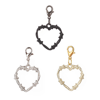 3Pcs Heart Alloy Pendant Decorations, with Alloy Lobster Claw Clasps
