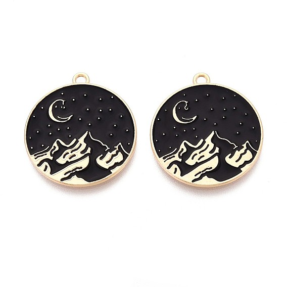 Подвески из экологически чистого сплава с эмалью, без кадмия и без свинца и без никеля, плоский круглый с горой и луной, золотой свет