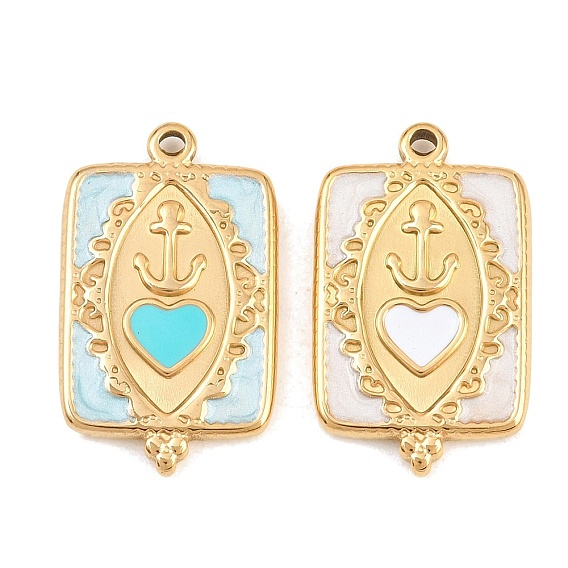 304 Stainless Steel Enamel Pendants, Rectangle with Horse Eye & Anchor Pattern Charms, Ion Plating(IP), Golden