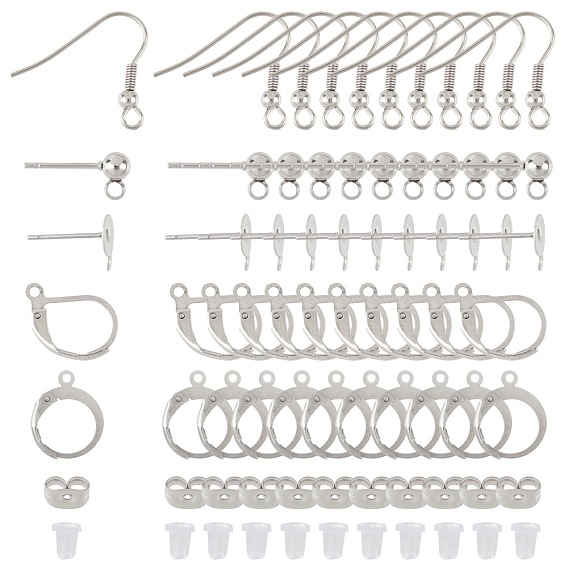 Stainless Steel Stud Earring Findings, with Earring Hooks, Leverback Earrings Findings, Stainless Steel & Plastic Ear Nuts