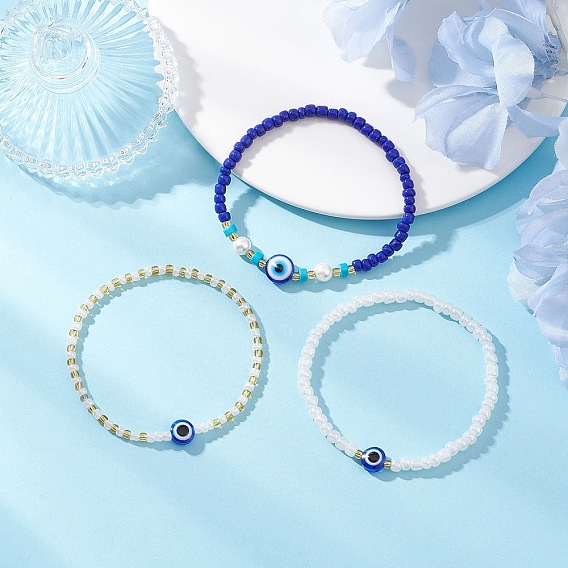3 шт. 3 цвета браслеты из стеклянных бусин для женщин, злые глаза, с ракушечным жемчугом, смолой и синтетической бирюзой