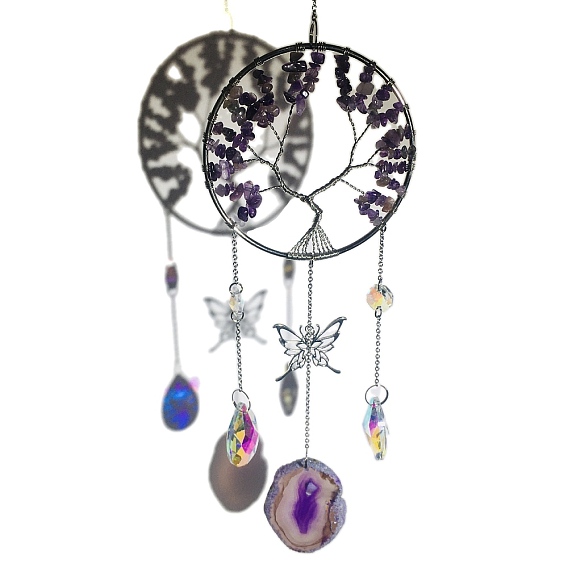 Проволочная обертка из натуральных драгоценных камней подвесные украшения из дерева жизни, Ловушки солнца из натурального агата и стеклянных кисточек для украшения сада на открытом воздухе