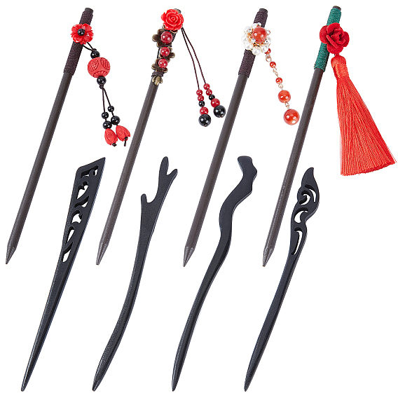 8Pcs 8 Style Wood Hair Stick, with Brass Finding, Lampwork Beads and Resin Beads