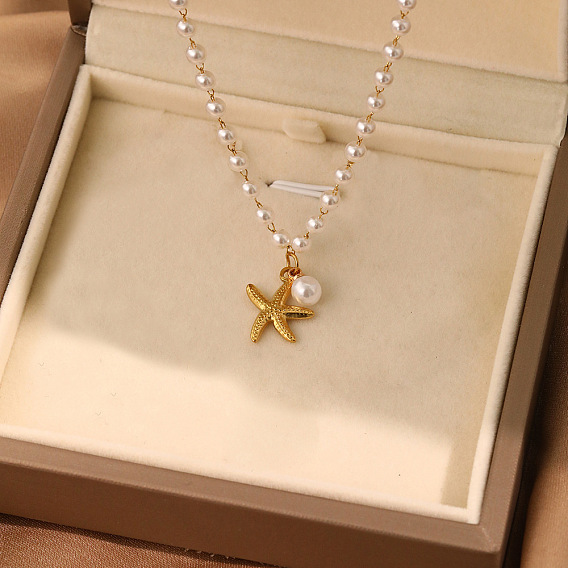 Богемный океан 304 Подвеска-колье в виде морской звезды из нержавеющей стали и белого круглого пластика с жемчужинами для женщин