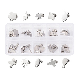 20Pcs 10 Style 201 Stainless Steel Stud Earring Findings, with Horizontal Loops & 304 Stainless Steel Pins and Ear Nut, Oval & Fish & Heart & Flower & Cross & Butterfly & Dolphin Charms