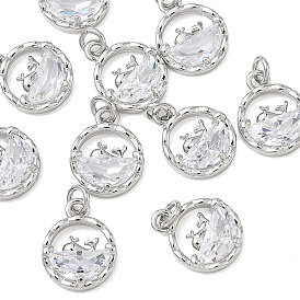 SHEGRACE Brass Clear Cubic Zirconia Pendants, Flat Round with Dolphin Charms, Cadmium Free & Lead Free & Nickel Free