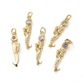 Brass Micro Pave Cubic Zirconia Pendants, with Jump Rings, Mermaid