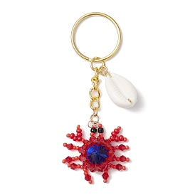 Porte-clés pendentif en perles de verre en forme de crabe, breloques en imitation coquillage acrylique et porte-clés fendus en fer pour ornements de sac à clés