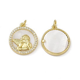Rack Plating Brass Cubic Zirconia Pendants, with Shell & Jump Ring, Flat Round with Angel Pattern Charms, Cadmium Free & Nickel Free & Lead Free, Real 18K Gold Plated