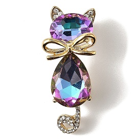 Cute Cat Shaped Alloy Crystal Rhinestone Brooches, Glass Kitten Brooches for Backpack Clothes, Golden