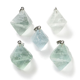 Natural Fluorite Pendants, Rhombus Charms with Rack Plating Platinum Plated Brass Snap on Bails