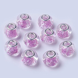 Glass European Beads, Large Hole Beads, with Silver Color Plated Brass Cores, Rondelle