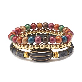 3 pcs 3 ensemble de bracelets extensibles en œil de tigre imitation style, bracelets surfeur heishi en pâte polymère pour femme