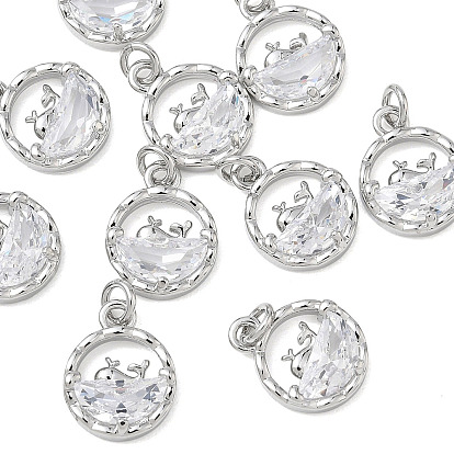 SHEGRACE Brass Clear Cubic Zirconia Pendants, Flat Round with Dolphin Charms, Cadmium Free & Lead Free & Nickel Free