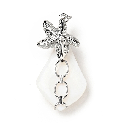 Natural White Shell Pendants, Teardrop Charm, with Stainless Steel Color Plated 304 Stainless Steel  Starfish Findings and Jump Ring