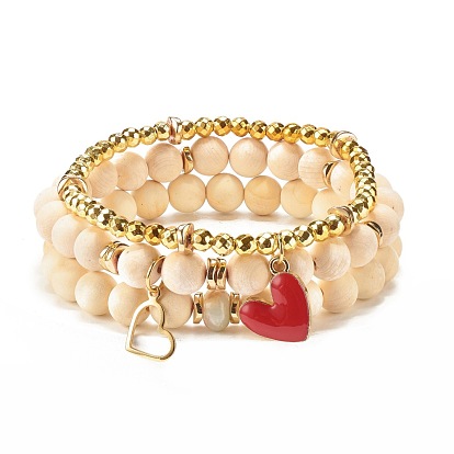3Pcs 3 Style Synthetic Hematite & Natural Wood  Beaded Stretch Bracelets Set with Alloy Charm, Yoga Jewelry for Women