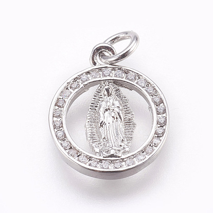 Brass Micro Pave Cubic Zirconia Pendants, Lady of Guadalupe Charms, Lead Free & Cadmium Free, Flat Round with Virgin Mary