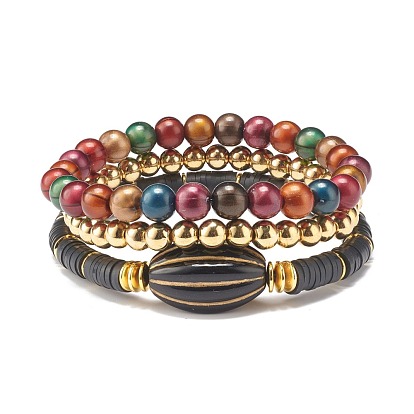 3 pcs 3 ensemble de bracelets extensibles en œil de tigre imitation style, bracelets surfeur heishi en pâte polymère pour femme