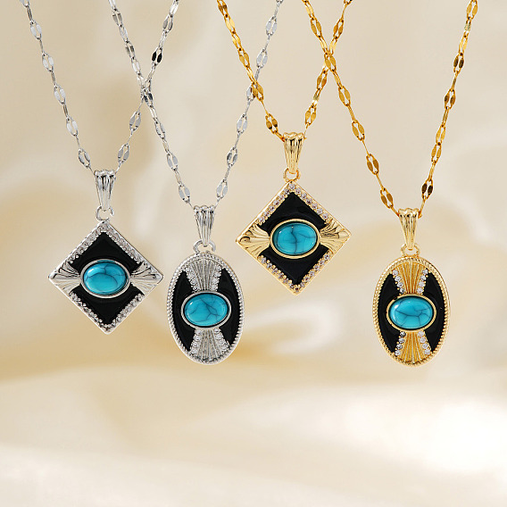 Винтажные латунные подвески-паве из синтетической бирюзы и прозрачных кубических цирконий, с черной эмалью