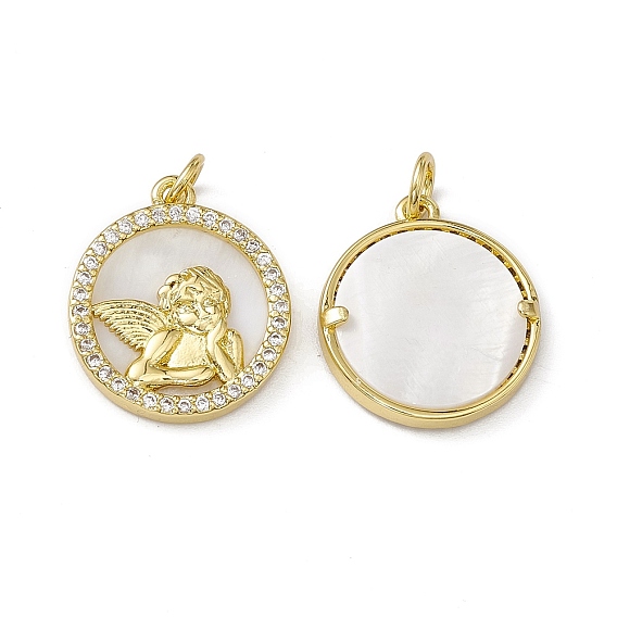 Стойки обшивки латунь кубического циркония подвески, с ракушкой и прыжковым кольцом, плоские круглые с подвесками в виде ангелов, без кадмия, без никеля и без свинца, реальный 18 k позолоченный