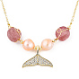Natural Strawberry Quartz & Pearl Beaded Whale Tail Pendant Necklace with Brass Cable Chains for Women