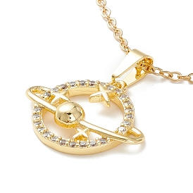 Clear Cubic Zirconia Planet and Star Pendant Necklace, 304 Stainless Steel Jewelry for Women