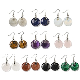 Rack Plating Brass Flat Round Dangle Earrings for Women, with Gemstone, Cadmium Free & Lead Free, Platinum