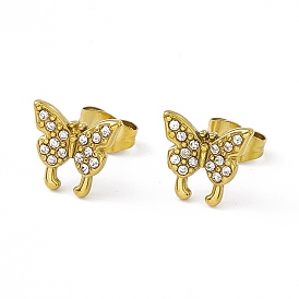 Crystal Rhinestone Butterfly Stud Earrings, Vacuum Plating 304 Stainless Steel Jewelry for Women