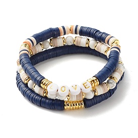 Love Beads Stacking Stretch Bracelets Set for Women, Natural Howlite & Brass Beads Energy Power Bracelets, Polymer Clay Heishi Beads Bracelets for Summer Beach, Golden