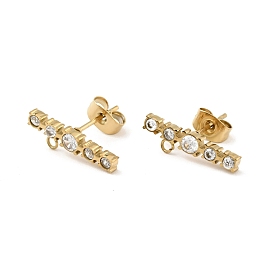 Ion Plating(IP) 304 Stainless Steel with Clear Cubic Zirconia Stud Earring Findings, with Horizontal Loops and Ear Nuts, Rectangle Bar