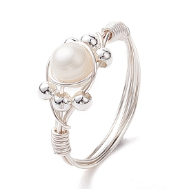 Round Natural Cultured Freshwater Pearl Ring, Copper Wire Wrapped Ring for Women